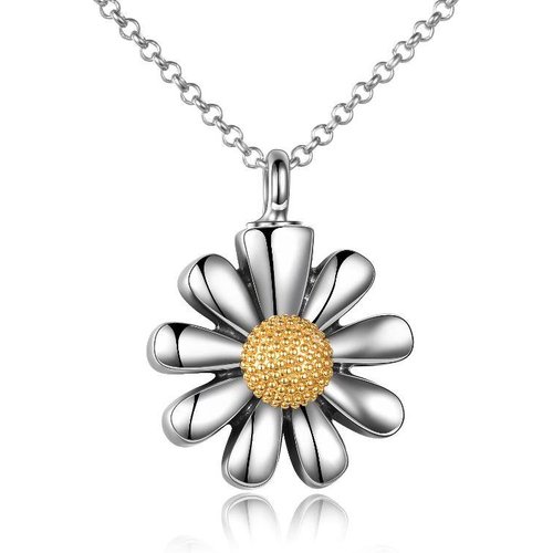 Sterling Silver Two-tone Daisy Urn Necklace for Ashes with Rolo Chain