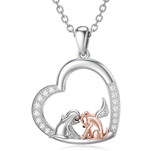 Sterling Silver Two-tone Cubic Zirconia Dog & Angel Wing Heart Pendant Necklace