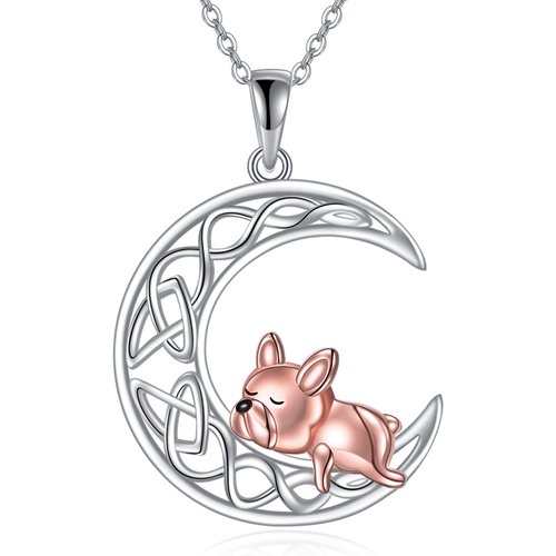 Sterling Silver Two-Tone Dog With Celtic Knot Moon Pendant Necklace For Women