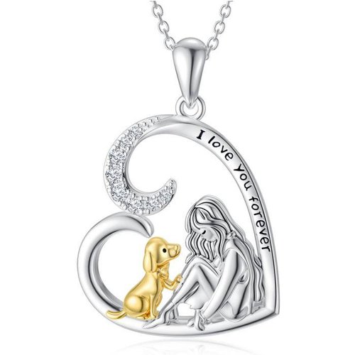 Sterling Silver Two-tone Cubic Zirconia Dog & Girl Heart Pendant Necklace