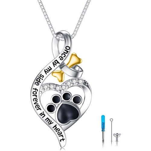 Sterling Silver Two-tone Cubic Zirconia Dog & Infinity Symbol Urn Necklace for Ashes with Engraved Word