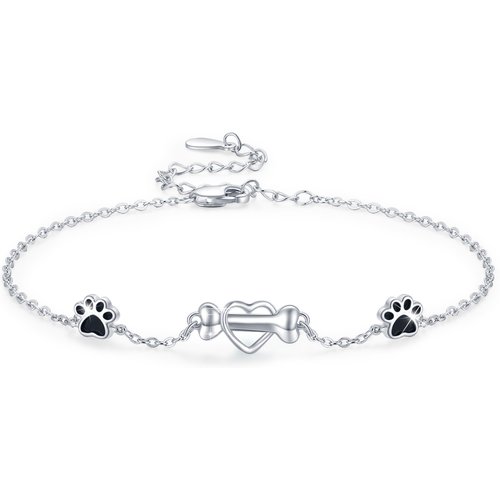 Sterling Silver Heart Dog Paw & Bone Charm Bracelet For Dog Lovers Girl