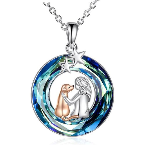 Sterling Silver Two-tone Dog & Star Crystal Pendant Necklace