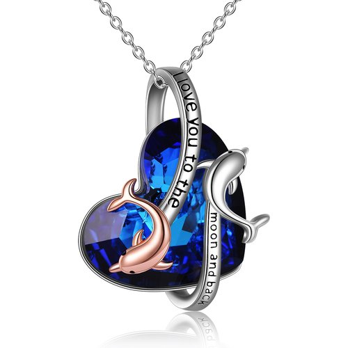 Sterling Silver Two-tone Dolphin & Heart Crystal Pendant Necklace with Engraved Word