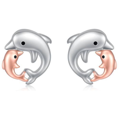 Sterling Silver Two-tone Dolphin Stud Earrings