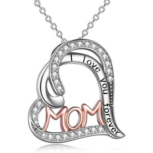 Sterling Silver Two-tone Double Heart Pendant Necklace Engraved Mom I Love You Forever
