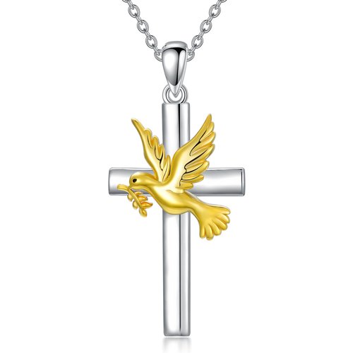 Sterling Silver Two-tone Dove & Cross Pendant Necklace