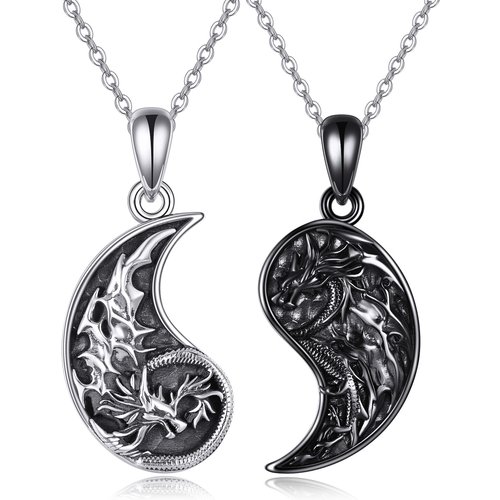 Sterling Silver Two-tone Dragon & Couple Pendant Necklace