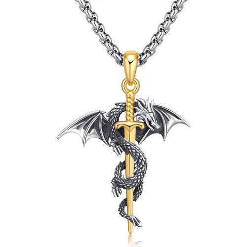 Sterling Silver Two-tone Dragon & Sword Pendant Necklace for Men