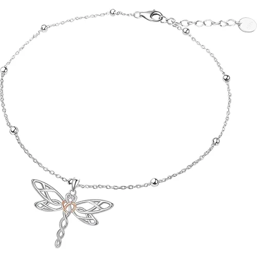 Sterling Silver Two-tone Dragonfly & Celtic Knot Single Layer Anklet