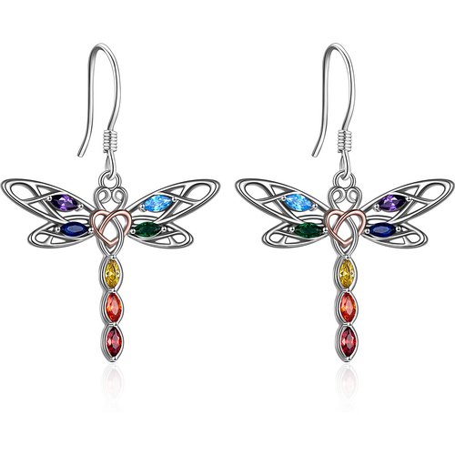 Sterling Silver Two-tone Cubic Zirconia Dragonfly & Chakras Drop Earrings