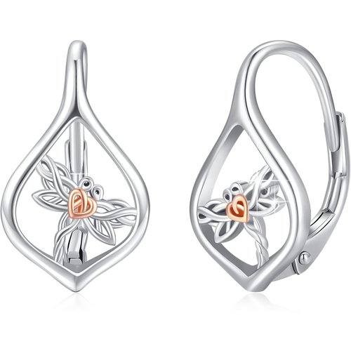 Sterling Silver Two-tone Dragonfly Lever-back Earrings