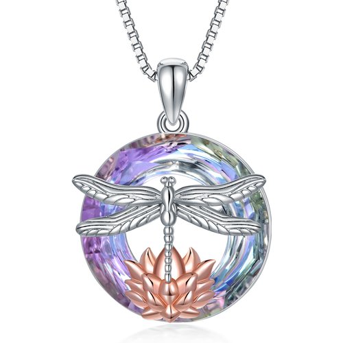 Sterling Silver Two-tone Dragonfly & Lotus Crystal Pendant Necklace