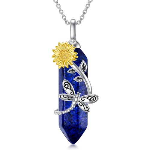Sterling Silver Two-tone Dragonfly & Sunflower Crystal Pendant Necklace