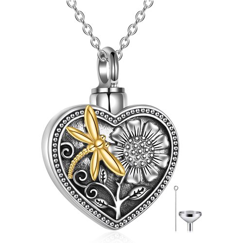 Sterling Silver Two-Tone Dragonfly Sunflower Heart Urn Necklace For Ashes
