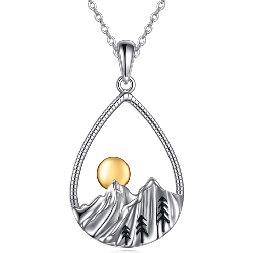 Sterling Silver Two-tone Drop Shape & Mountains & Sun Pendant Necklace