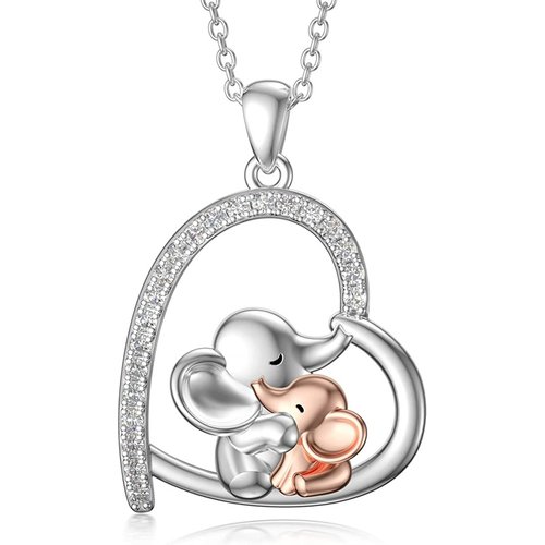 Sterling Silver Two-tone Cubic Zirconia Elephant & Heart Pendant Necklace