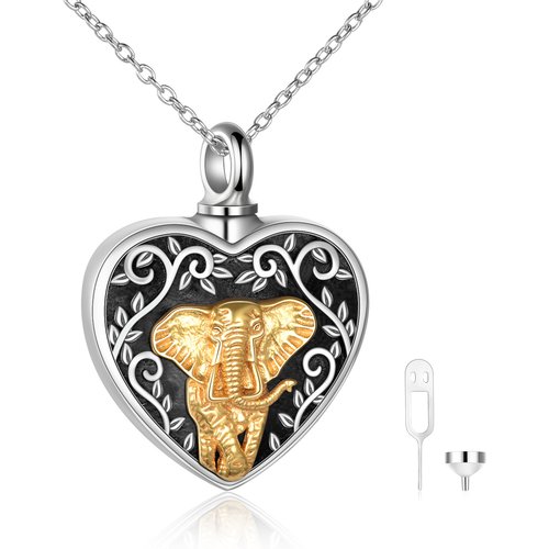 Sterling Silver Two-tone Elephant & Heart Urn Necklace for Ashes with Engraved Word