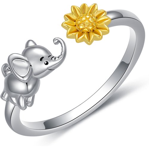 Sterling Silver Two-tone Elephant & Sunflower Open Ring