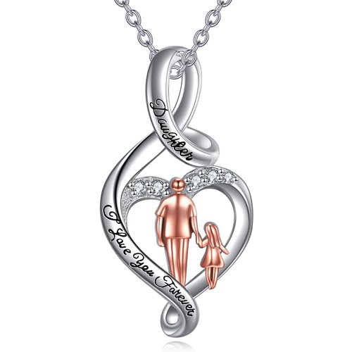 Sterling Silver Two-Tone Cubic Zirconia Heart Infinity Symbol Pendant Necklace With Engraved Word For Father