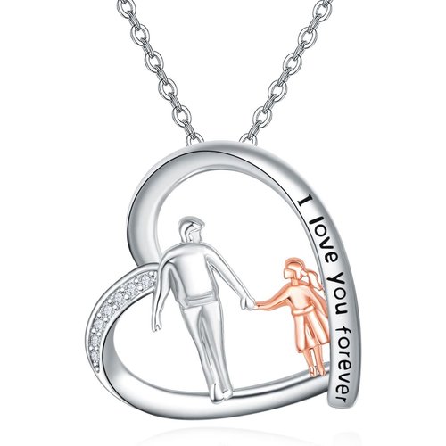 Sterling Silver Two-tone Cubic Zirconia Father & Daughter Heart Pendant Necklace with Engraved Word