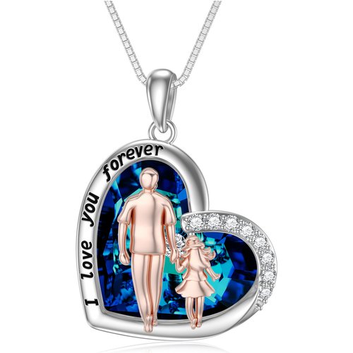Sterling Silver Two-tone Father & Daughter Heart Shaped Crystal Pendant Necklace