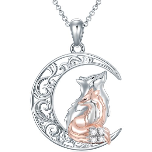 Sterling Silver Two-tone Fox & Moon Pendant Necklace