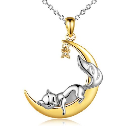 Sterling Silver Two-Tone Cubic Zirconia Fox & Moon With Star Pendant Necklace For Women