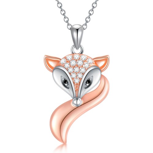 Sterling Silver Two-tone Cubic Zirconia Fox Pendant Necklace