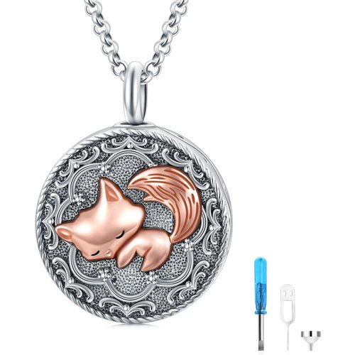 Sterling Silver Two-tone Fox Urn Necklace for Ashes with Engraved Word