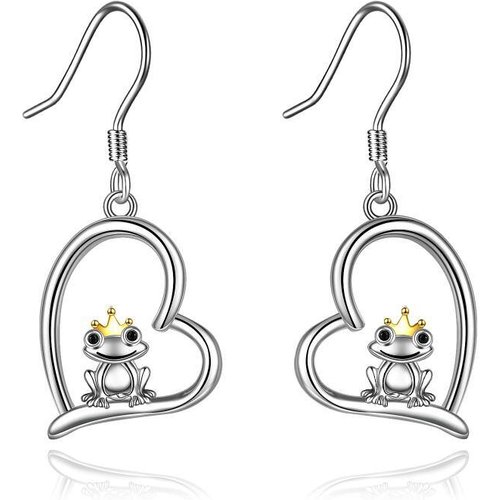 Sterling Silver Two-tone Frog & Heart Drop Earrings