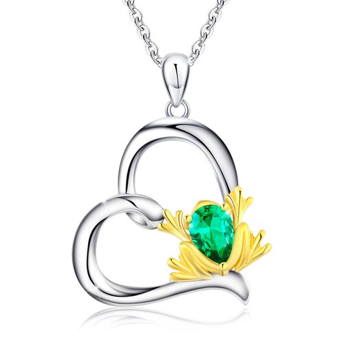 Sterling Silver Two-tone Cubic Zirconia Frog & Heart Pendant Necklace