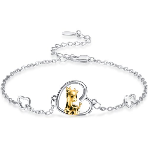 Sterling Silver Two-tone Giraffe & Heart Charm Bracelet