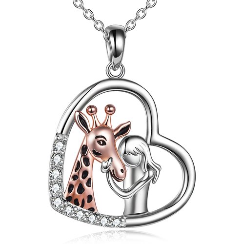 Sterling Silver Two-tone Cubic Zirconia Giraffe & Heart Pendant Necklace