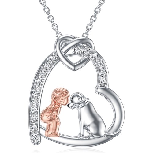 Sterling Silver Two-tone Zirconia Girl & Dog Love Knot Heart Pendant Necklace