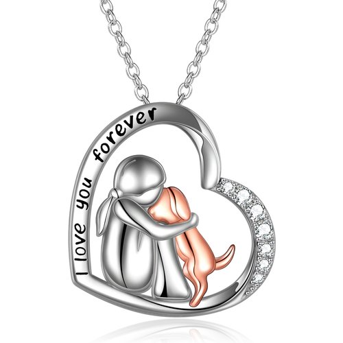 Sterling Silver Two-tone Cubic Zirconia Girl Hugs Dog Heart Pendant Necklace with Engraved Word