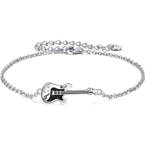 Sterling Silver Two-tone Cubic Zirconia Guitar Charm Bracelet