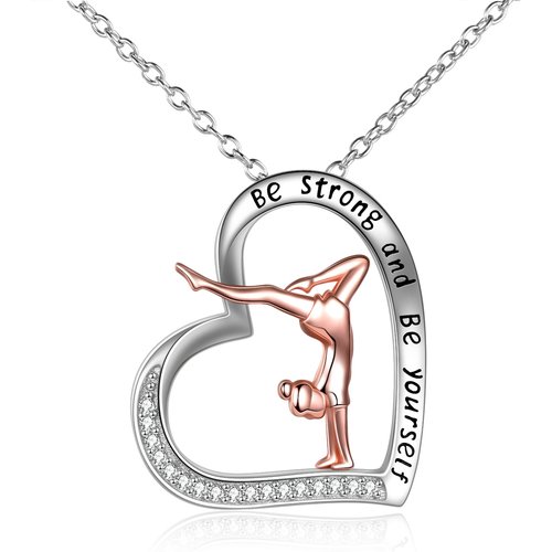 Sterling Silver Two-tone Cubic Zirconia Gymnastics & Heart Pendant Necklace with Engraved Word