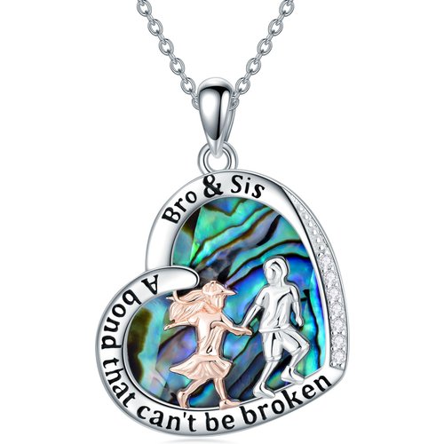 Sterling Silver Two-tone Heart Abalone Shellfish Brother And Sister Pendant Necklace with Engraved Word