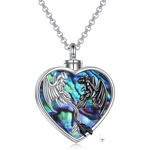 Sterling Silver Two-tone Heart Abalone Shellfish Dragon Urn Necklace for Ashes with Engraved Word