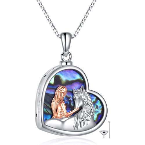 Sterling Silver Two-Tone Heart Abalone Shellfish Horse Urn Necklace For Ashes For Women