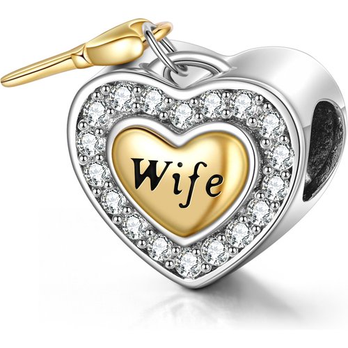 Sterling Silver Two-tone Cubic Zirconia Heart Bead Charm with Engraved Word