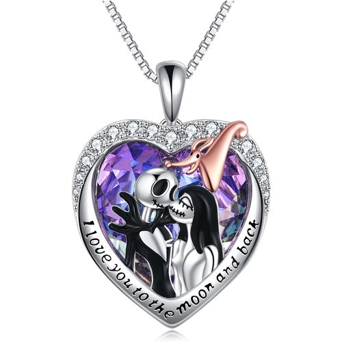 Sterling Silver Two-Tone Heart Crystal Pendant Necklace With Engraved Word For Couple