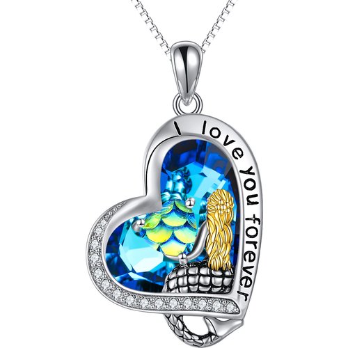 Sterling Silver Two-tone Heart Crystal Mermaid Tail & Heart Pendant Necklace with Engraved Word