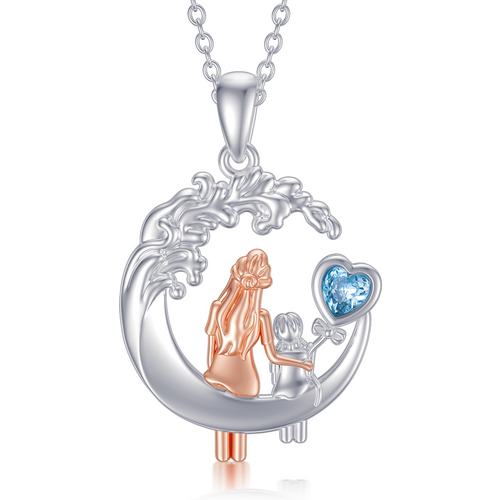 Sterling Silver Two-tone Heart Crystal Mother & Moon Pendant Necklace