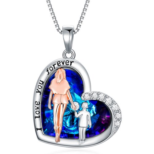 Sterling Silver Two-Tone Heart Crystal Pendant Necklace With Engraved Word For Women