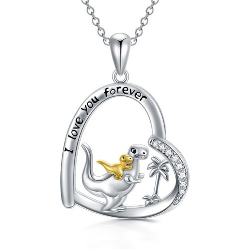 Sterling Silver Two-Tone Heart Dinosaur Mom With Baby Pendant Necklace With Engraved Word For Women Best Friend