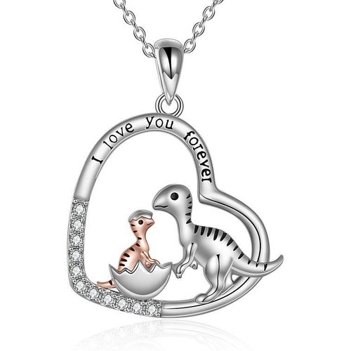 Sterling Silver Two-tone Heart Dinosaur Mom and Baby Pendant Necklace with Engraved Word