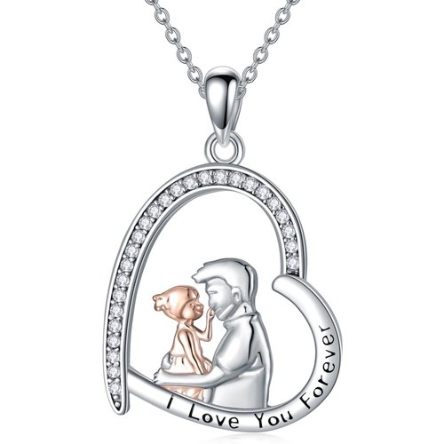 Sterling Silver Two-tone Heart Father & Daughter Pendant Necklace with Engraved Word
