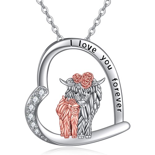 Sterling Silver Two-tone Heart Highland Cow & Rose Pendant Necklace with Engraved Word